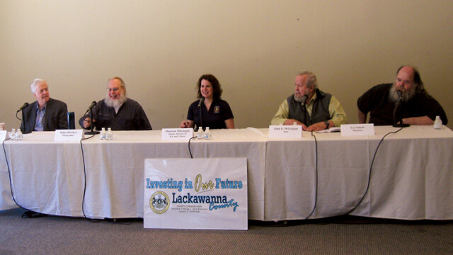 A panel called 'Dancing in the Kitchen: The Role of Music in Irish and Irish American Culture' studied the impact of traditional Irish music on identity, arts and culture in Ireland and the U.S. The panelists included: (from left) musician Brian Conway, photographer Robin Hiteshew, moderator Maureen McGuigan, poet John E. McGuigan and musician Leo Schott.